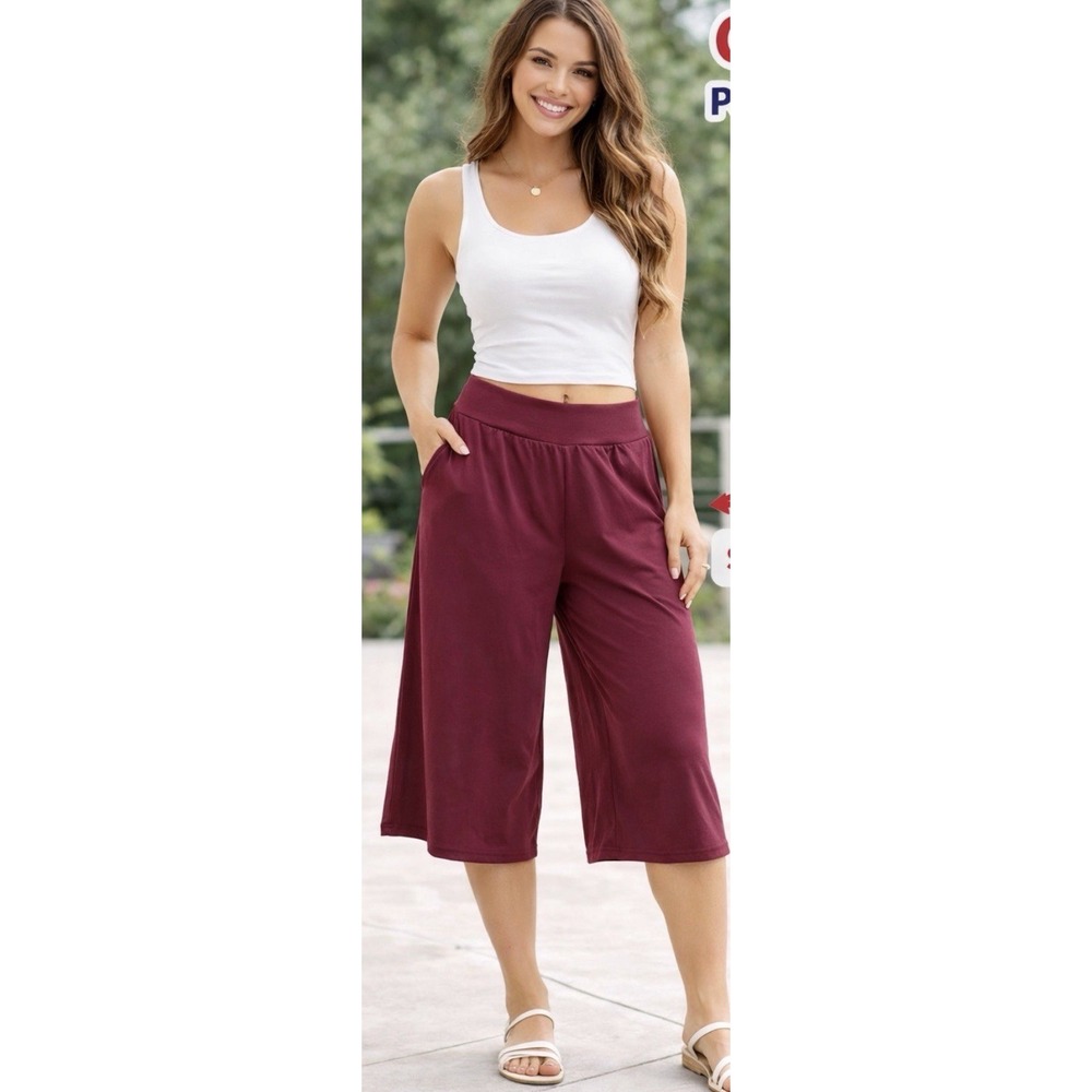 Tarse Women's Wide Leg Yoga Capri Pant 3XL Burgundy Poly Spandex Stretch Pockets